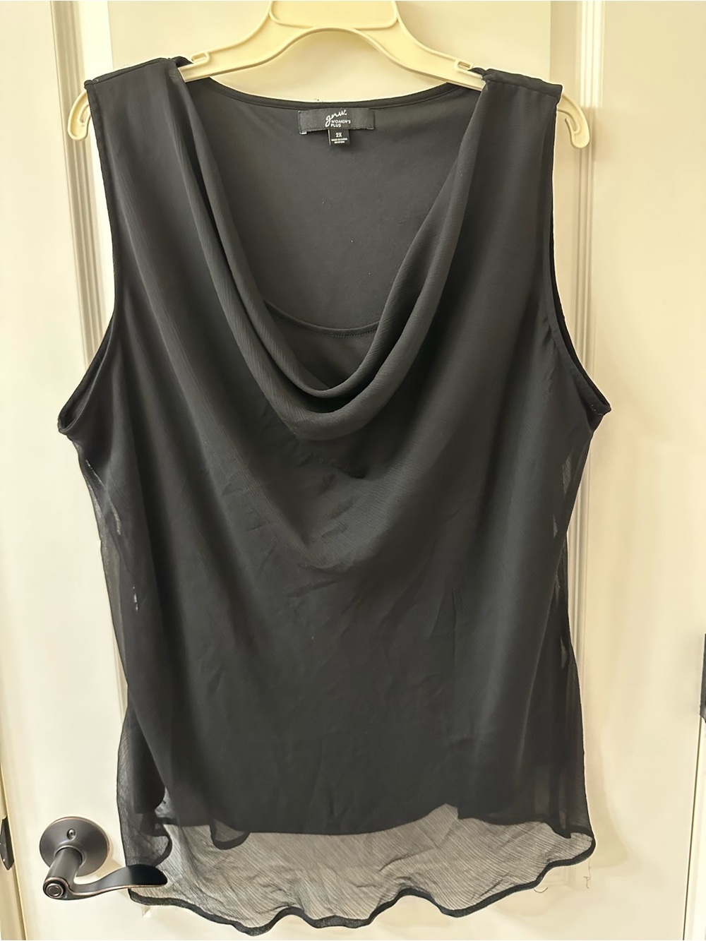 GNW Black Sheer Draped Cowl Neck Sleeveless Blouse